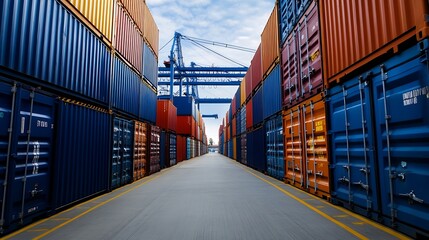 Fototapeta premium Vibrant Multicolored Shipping Containers at a Bustling Port Terminal : Generative AI