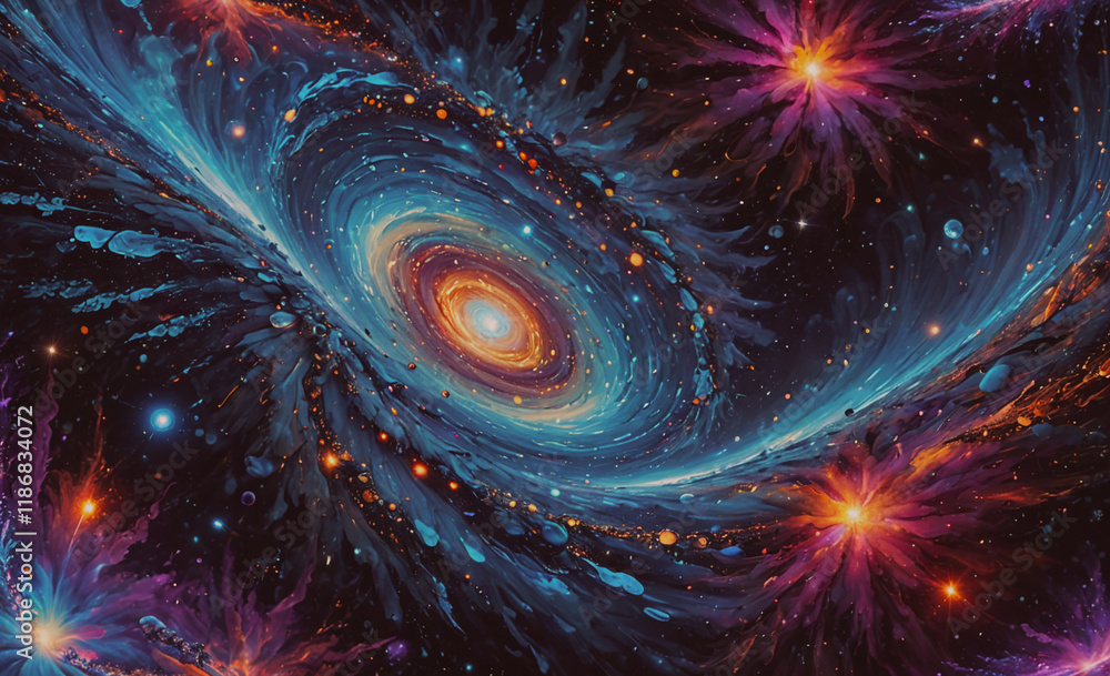 Poster colorful galaxy with a spiral shape and a bright orange star. there are also some smaller stars and 