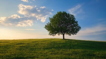 Solitary Tree on Grassy Hill Under Blue Sky in Peaceful Countryside Landscape : Generative AI