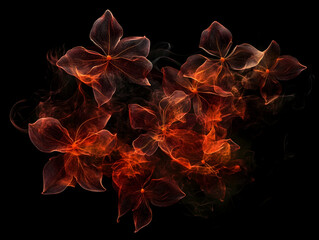 Flame patterns, smoke patterns, flowers, red and orange colors on a black background, glowing effects, fantasy style,