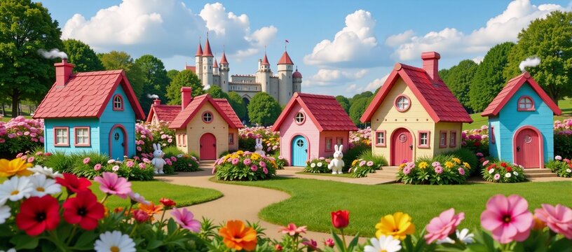A charming fairytale world featuring cute homes and gardens teeming with adorable bunnies amidst a whimsical dreamlike childrens city surrounding an enchanting castle