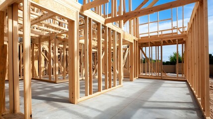 Wooden Frame Structure of a New Residential Home Under Construction in Bright Daylight : Generative AI