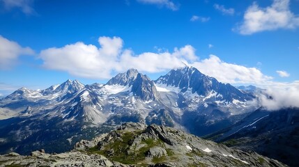 Fototapeta premium Beautiful Alpine Mountain Range With SnowCapped Peaks Under Blue Sky : Generative AI