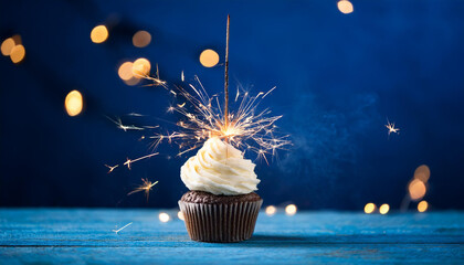 cupcake with sparkler on blue historical past