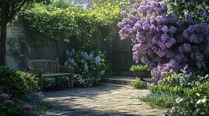 Obraz premium Quaint Garden with Blooming Lilacs and Lush Foliage in Sunlight