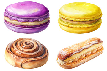 Colorful macarons, delicious pastries, sweet desserts, watercolor illustration, gourmet treats, bakery art, food styling.