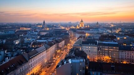 Fototapeta premium Scenic European City Skyline at Sunset with Iconic Landmarks and Captivating View : Generative AI