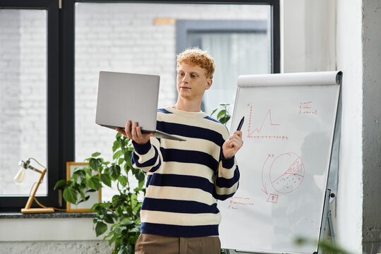 Redhead man in striped sweater engages with team using laptop and presentation tools. - Powered by Adobe