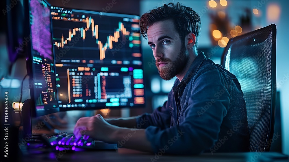 Poster focused man engaged in work at modern desk with computer and organized workspace reflecting producti