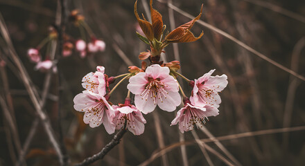 Withered cherry blossom flowers, dried and lacking water, create a delicate botanical background.
