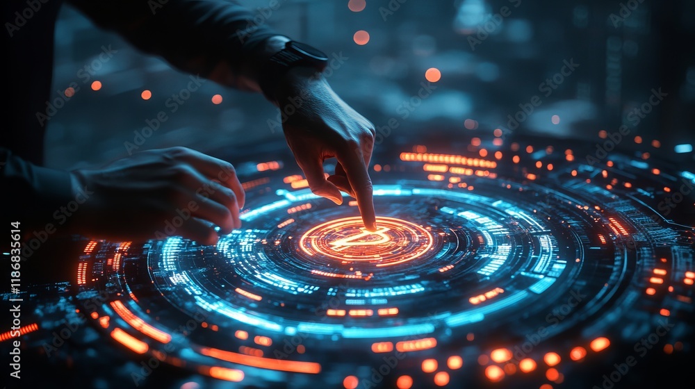 Poster person interacting with innovative circular device by touching a button in a modern technology setti