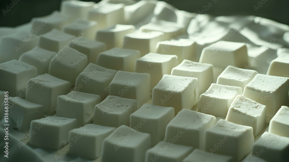 Poster close-up shot of numerous white cubes arranged in a grid pattern, lit by soft sunlight. perfect for 
