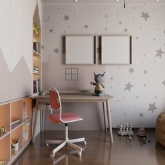 cute kids bedroom with desk and empty two poster framed on the wall. 3d rendering