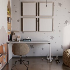 cute kids bedroom with desk and empty four closeup poster framed on the wall. 3d rendering