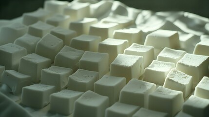 Obraz premium Close-up shot of numerous white cubes arranged in a grid pattern, lit by soft sunlight. Perfect for backgrounds or textures.