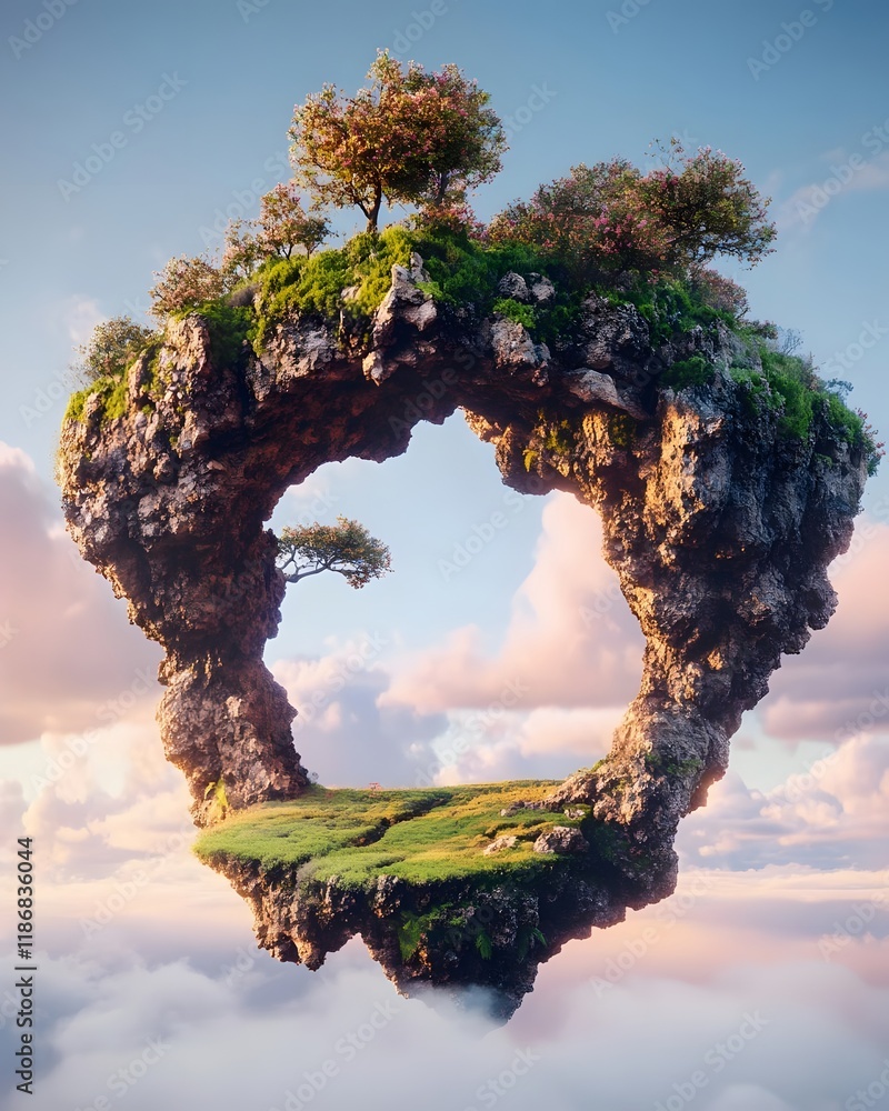 Poster A floating island with lush greenery and trees, surrounded by clouds and a serene sky.