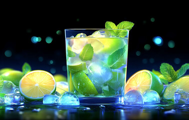 Mojito Tropical cocktail.  Refreshing summer fruit mocktail on luxury tropical beach resort. Party, summer vacations, holidays, summertime, exotic alcohol drinks. Summer vibes, beach tourism