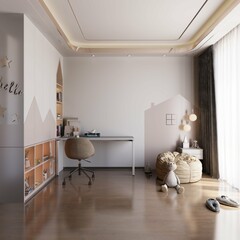 cute kids bedroom with desk and empty space on the wall. 3d rendering
