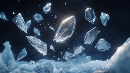 Shattered ice shards flying over snow.