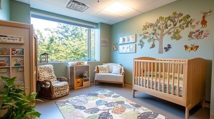 Charming Nursery Room Design with Wooden Furniture and NatureThemed Wall Decorations : Generative AI