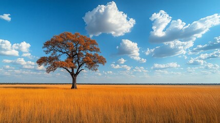 Fototapeta premium Solitary Autumnal Tree in Golden Grassland Under Blue Sky