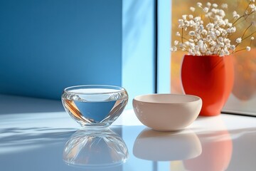 Serene Still Life: A minimalist composition featuring a glass of water, a small bowl, and a vase of gypsophila against a blue backdrop.  Sunlight casts shadows.