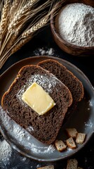 Dark rye bread slices buttered, wheat ears scattering flour over rustic wooden surface with flour-dusted ceramic bowl