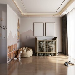 cute nursery room with poster framed mockup. 3d rendering