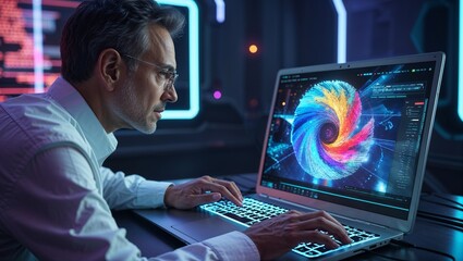 Man using AI software on a laptop to generate images, showcasing a futuristic user interface with visual prompts, image created by artificial intelligence