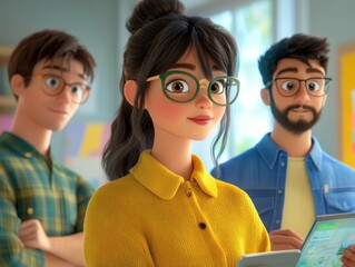 Cartoon-style illustration of young professionals collaborating in an office environment, featuring a woman with glasses holding a tablet, symbolizing teamwork and innovation.