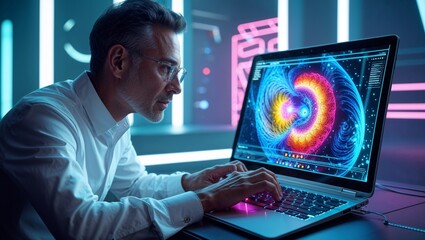 Man using AI software on a laptop to generate images, showcasing a futuristic user interface with visual prompts, image created by artificial intelligence