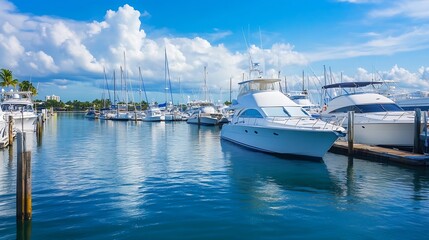 Fototapeta premium Scenic view of a marina with yachts and sailboats reflecting on calm blue water under a clear sky : Generative AI