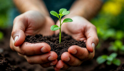 Hands Gently Holding a Sprout, Symbol of Growth and Renewal
