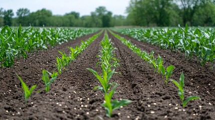 Rows of young corn plants growing in a field with trees visible in the distance.