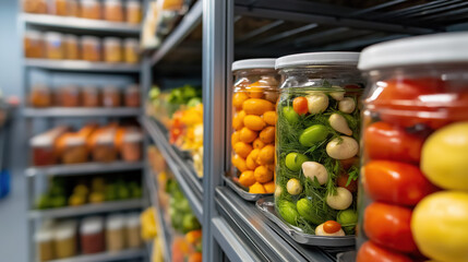 Obraz premium A vibrant display of jars filled with colorful vegetables, organized neatly on shelves, showcasing a variety of preserved foods.