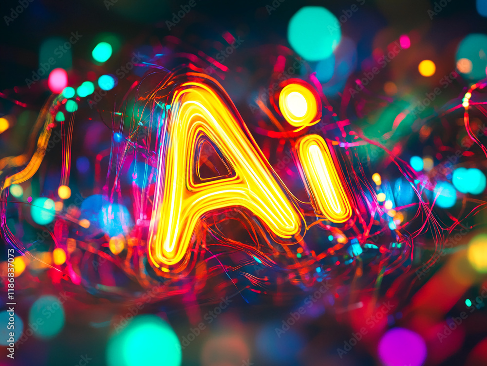 Poster Vibrant neon AI text with colorful glowing lights and abstract bokeh background