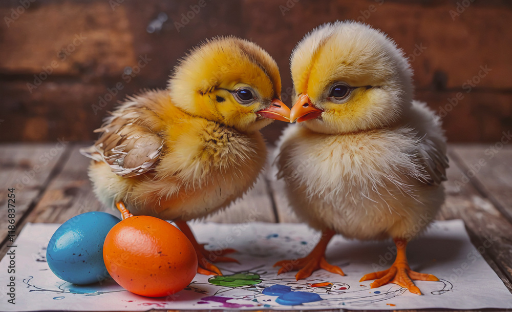 Poster two baby chicks standing next to each other on a piece of paper with three eggs in front of them