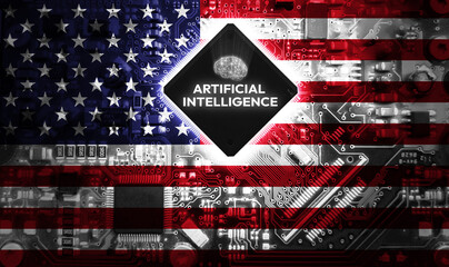 Artificial Intelligence in the United States of America with flag painted on chipboard, tech futuristic concept