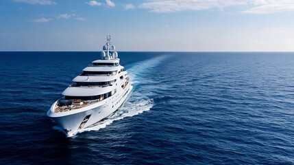 Luxury Yacht Sailing on Open Blue Ocean with Clear Skies and Horizon : Generative AI