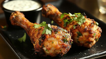 Herb-seasoned roasted chicken drumsticks resting on black plate, accompanied by creamy white sauce