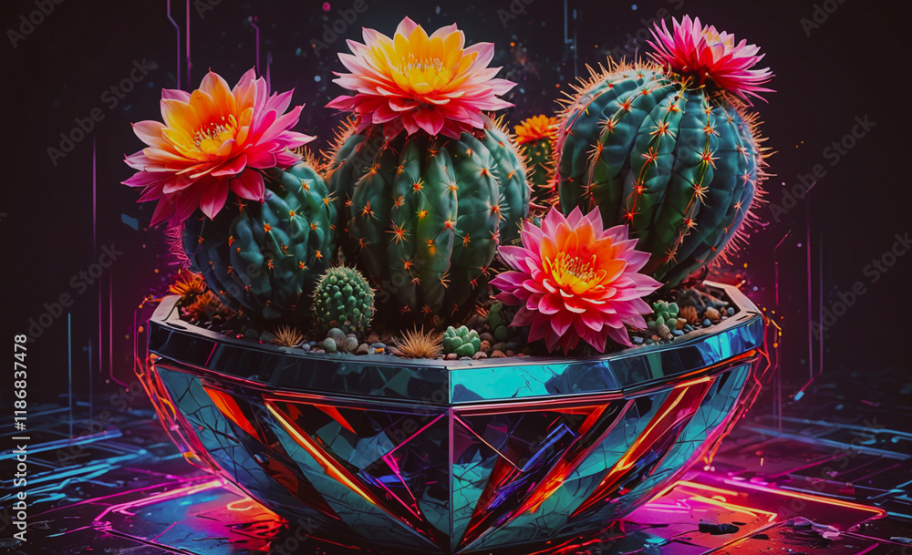 Poster decorative bowl filled with a variety of plants, including a cactus and a pink flower. the cactus is
