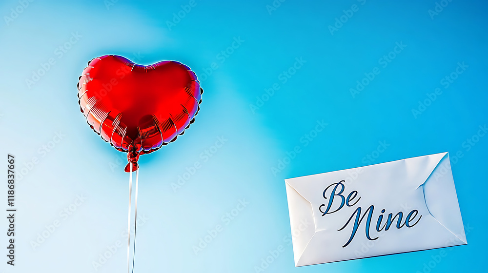 Poster a red heart balloon floating in a clear blue sky, tied to a white envelope with the words 