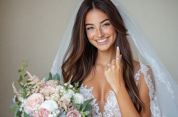 Naklejka premium A beautiful bride with long brown hair, wearing an elegant white wedding dress and veil, holding her bouquet of flowers while laughing heartily in the mansion's courtyard on Valentine's Day