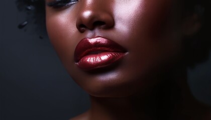 close up of a woman's face with glossy lips and black eyeliner.
