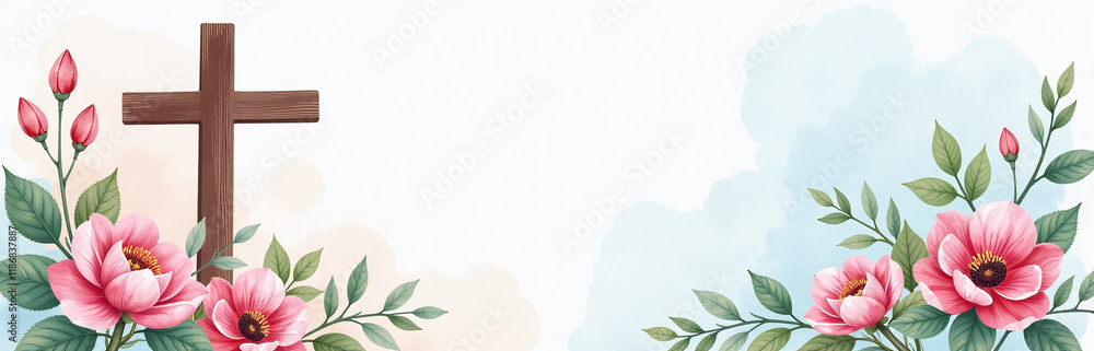 Aufkleber a watercolor background decorated with a christian cross is adorned with flowers in this design feat