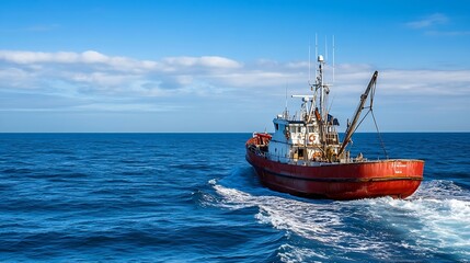 Rustic fishing trawler navigating through blue ocean waves with clear skies on the horizon : Generative AI
