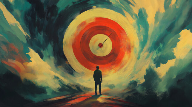 A silhouette of a man standing against a striking artistic representation resembling a target, symbolizing focus, direction, and the pursuit of personal goals and dreams.