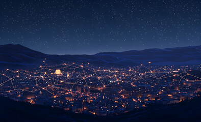 A wide-angle view of the city at night, with glowing network connections linking buildings across the landscape.