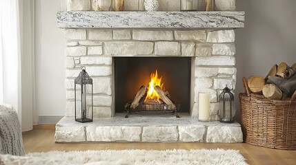 Cozy stone fireplace with burning wood, lanterns, and firewood basket. Perfect for winter home decor, relaxation, and warmth.