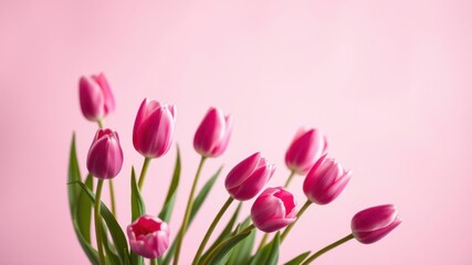 Fototapeta premium A delicate bouquet of pink tulips against a soft pink background, blooming with elegance and grace.